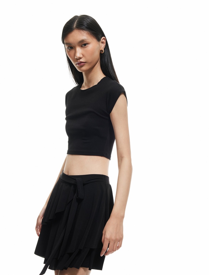  Asimetrik Bağlama Detaylı Katlı Fırfırlı Mini Etek