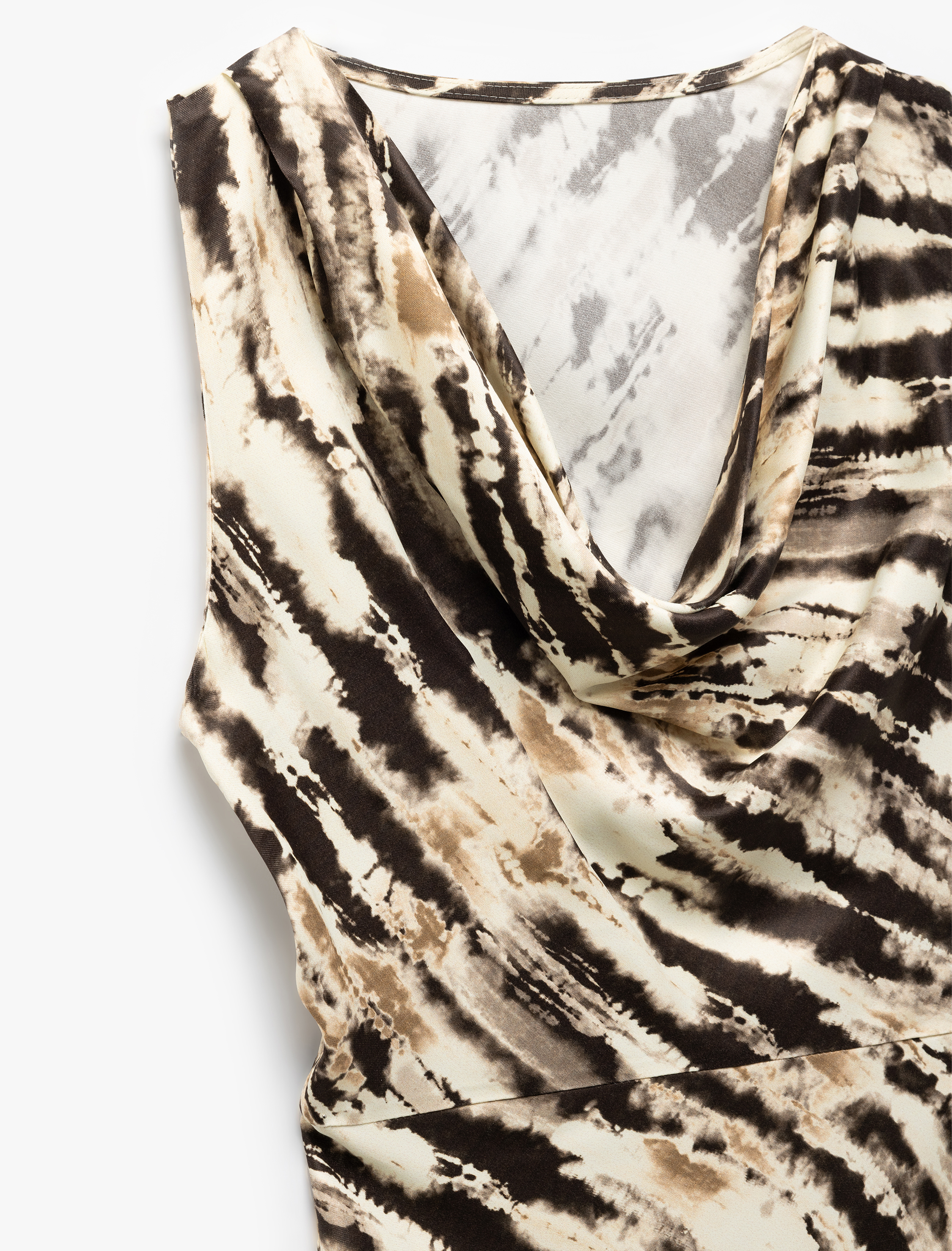   Viskon Kumaş Desenli Kolsuz Uzun Degaje Yaka Saten Elbise