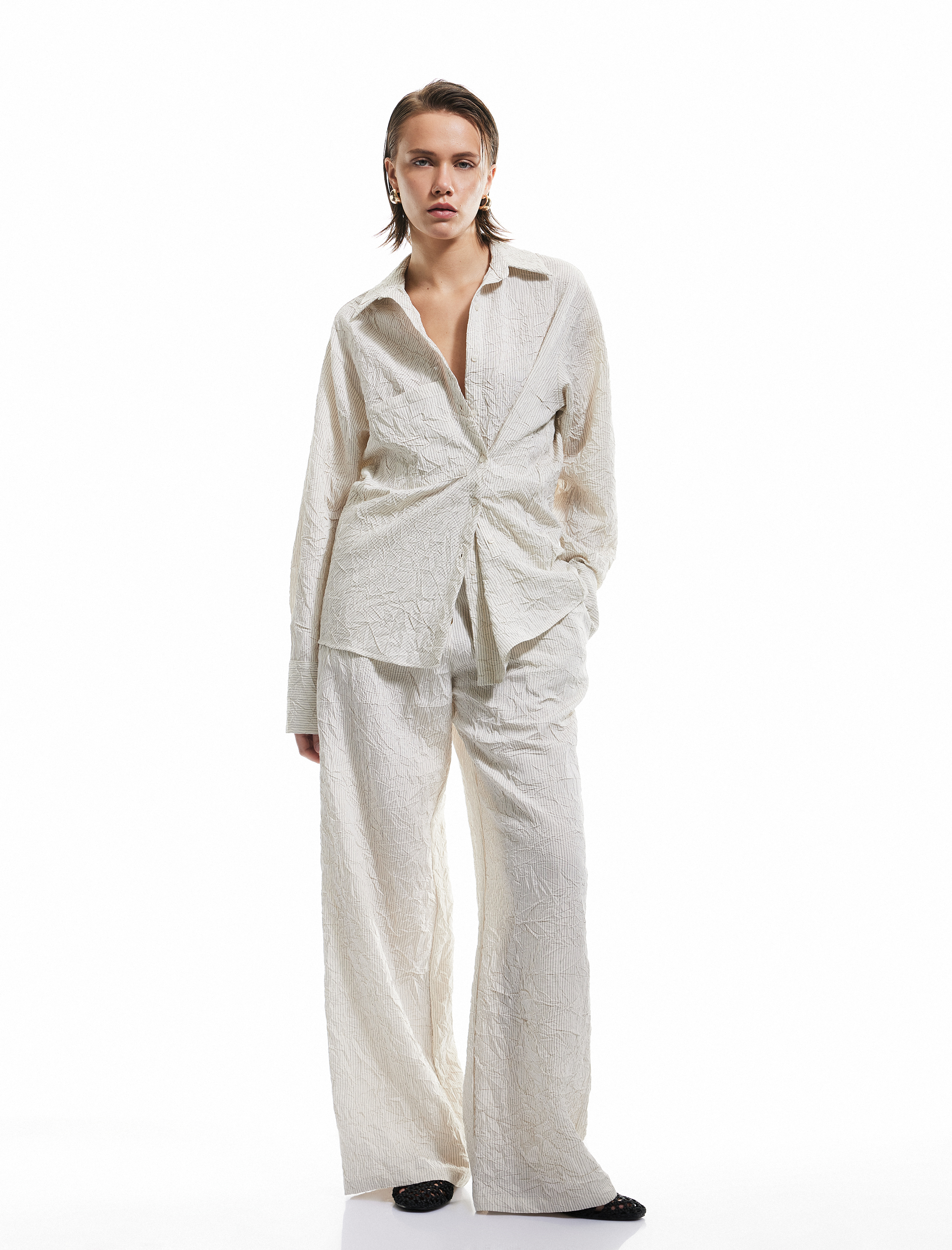   Viskon Kumaş Rahat Kalıp Cepli Dokulu Düz Bol Paça Pantolon