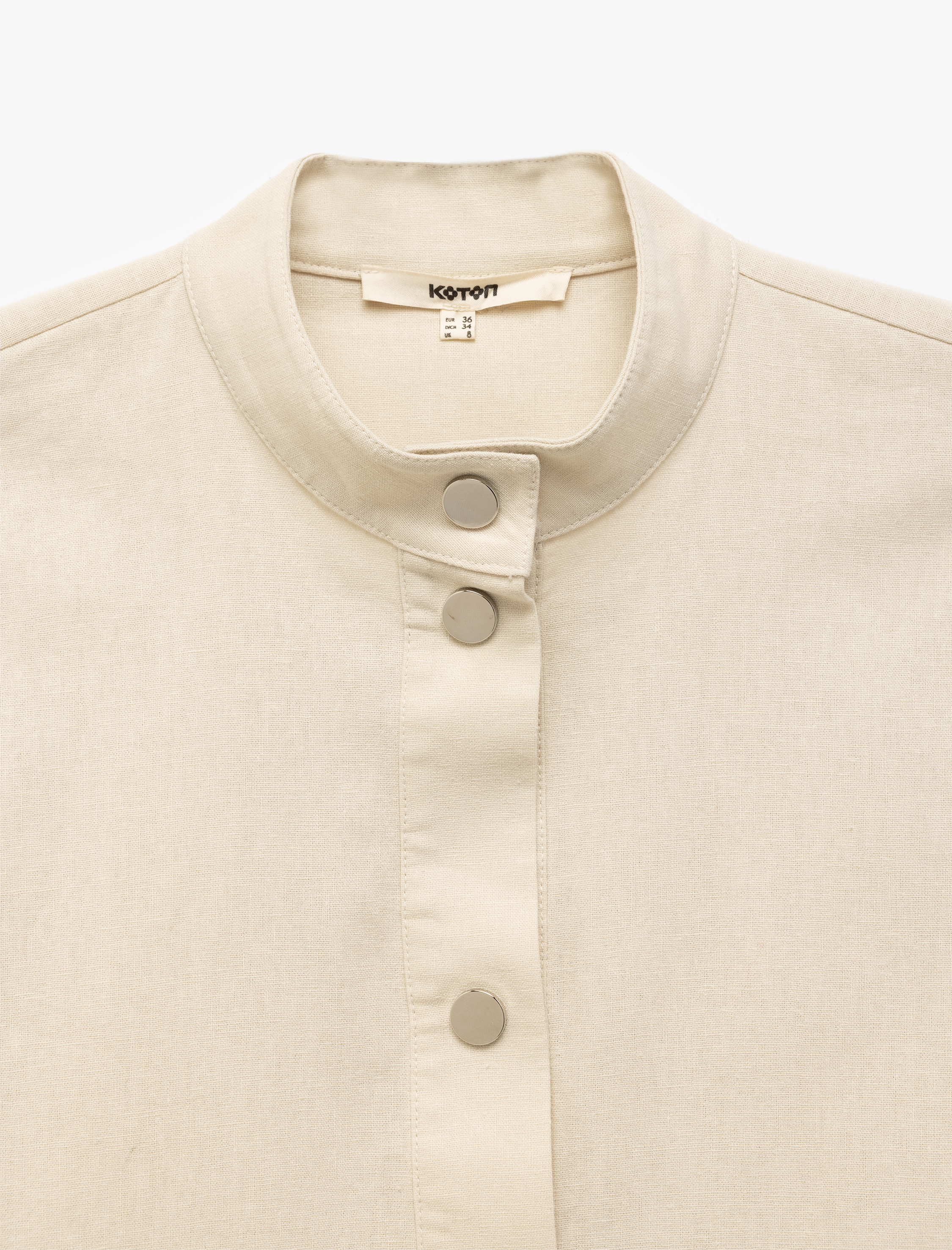 Uzun Kollu Kapaklı Cep Detaylı Dik Yaka Keten Ceket