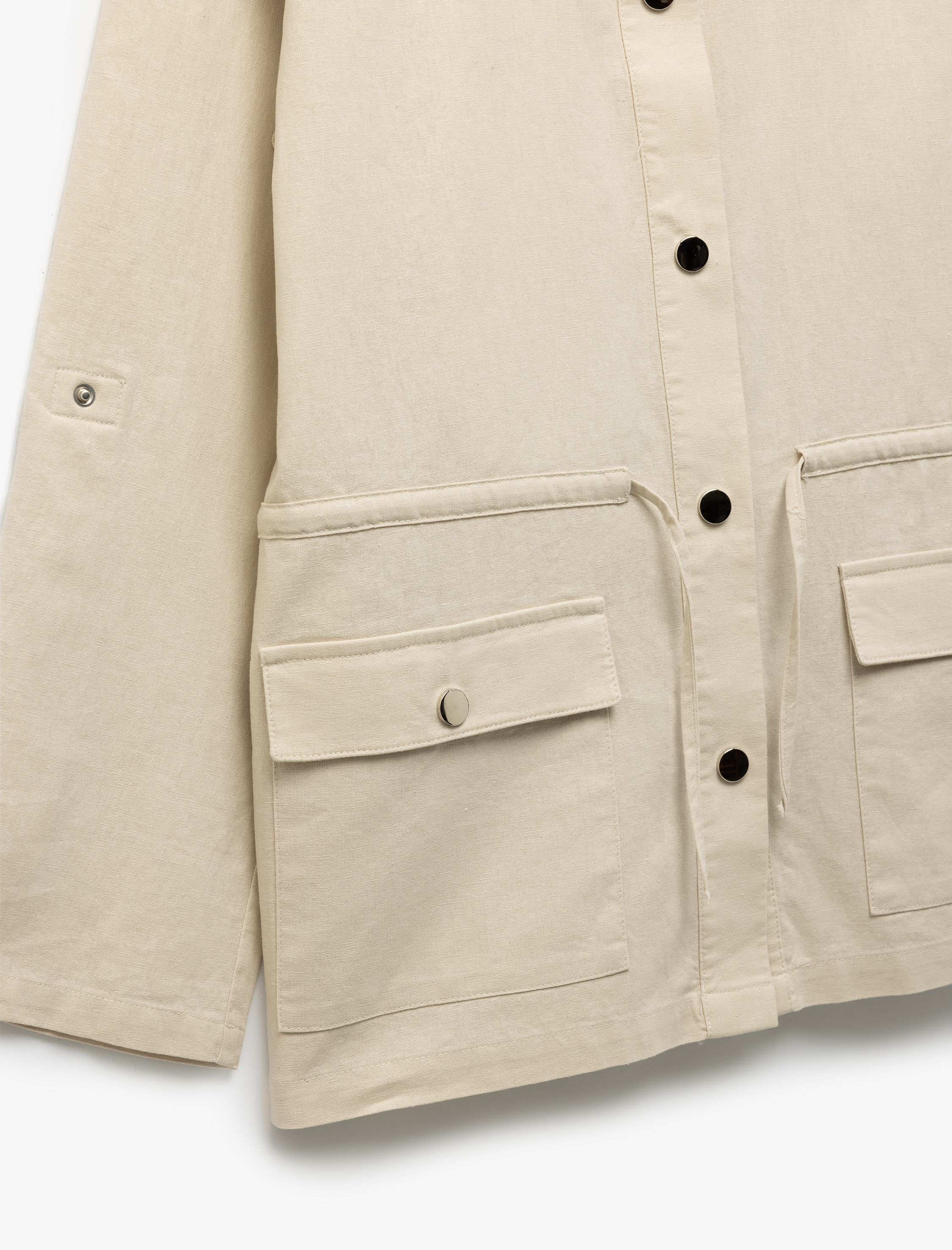 Uzun Kollu Kapaklı Cep Detaylı Dik Yaka Keten Ceket