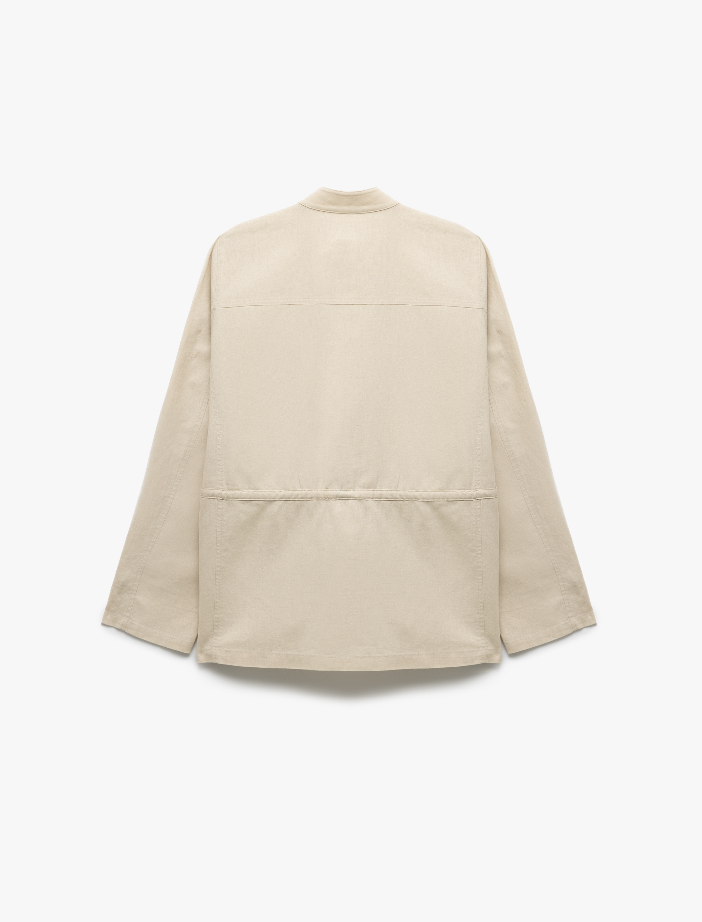 Uzun Kollu Kapaklı Cep Detaylı Dik Yaka Keten Ceket