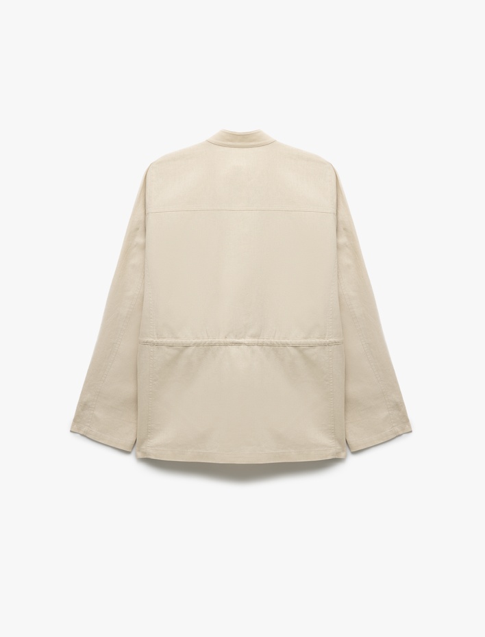  Uzun Kollu Kapaklı Cep Detaylı Dik Yaka Keten Ceket