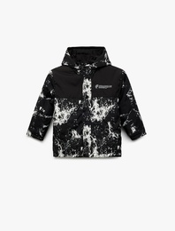 Uzun Kollu Baskılı Kapşonlu Mevsimlik Mont