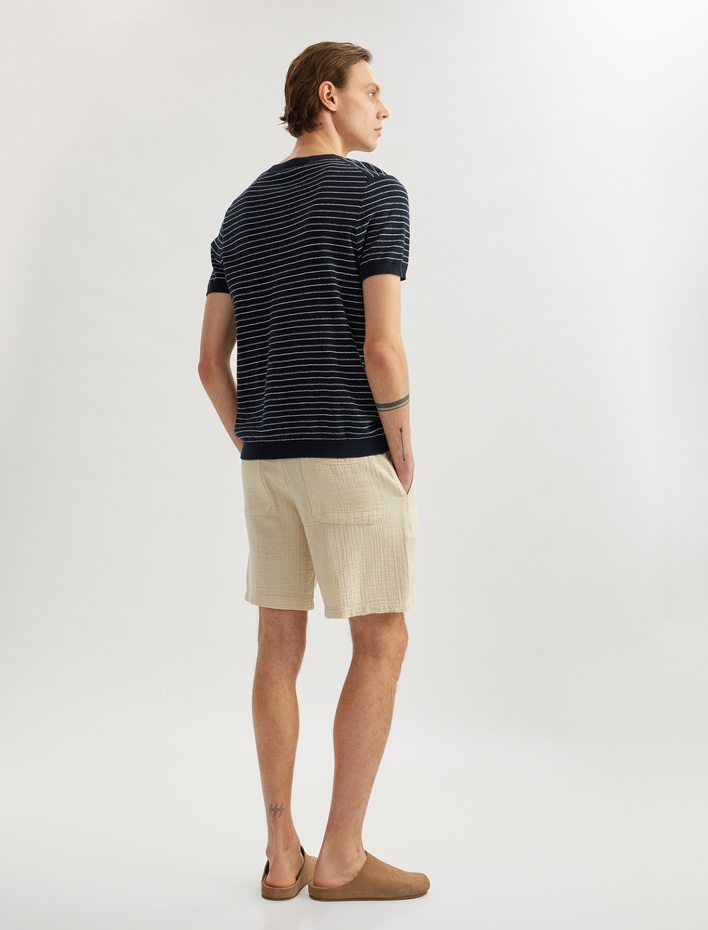  Müslin Pamuklu Cep Detaylı Beli Bağcıklı Chino Şort