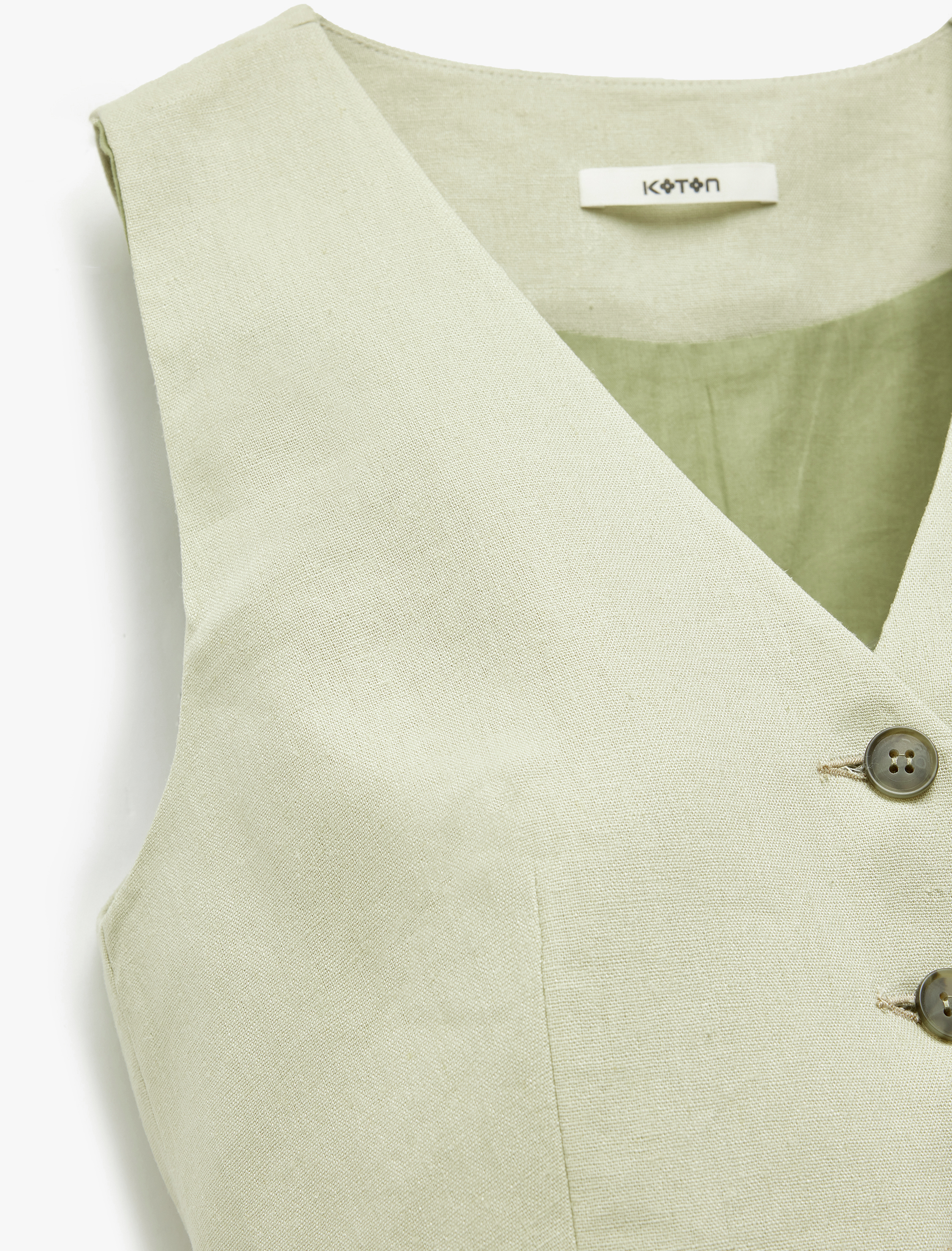   Düğmeli V Yaka Kolsuz Keten Blazer Yelek