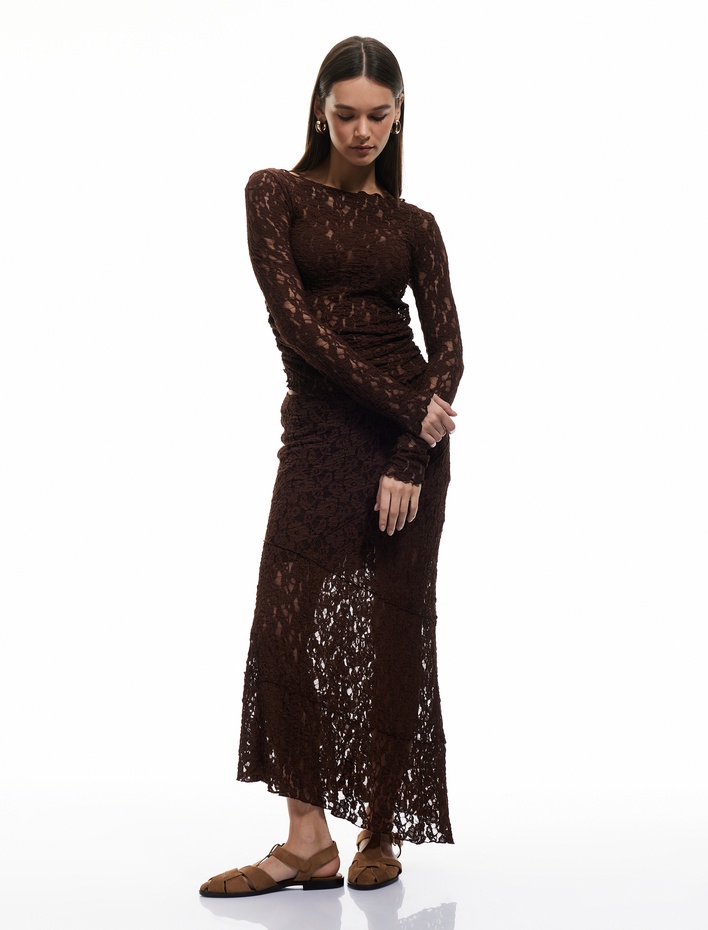  Astarlı Asimetrik Dantelli Midi Etek