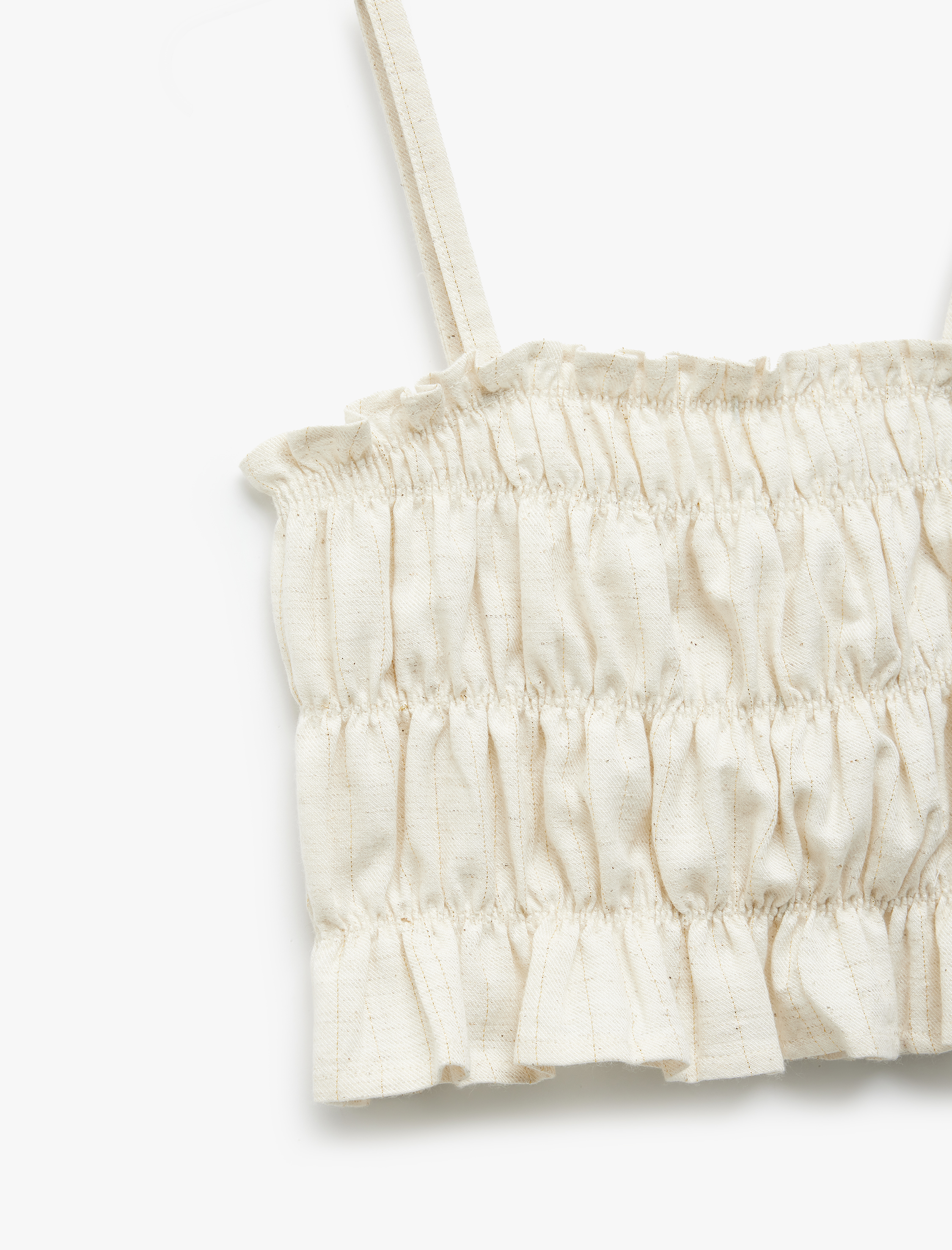  Kız Çocuk İp Askılı Büzgülü Keten Karışımlı Crop Bluz