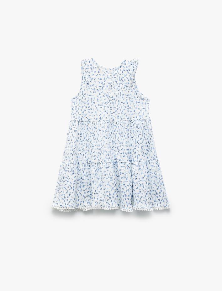 Kız Bebek Fırfır Detaylı Çiçekli Bisiklet Yaka Kolsuz Katlı Mini Elbise