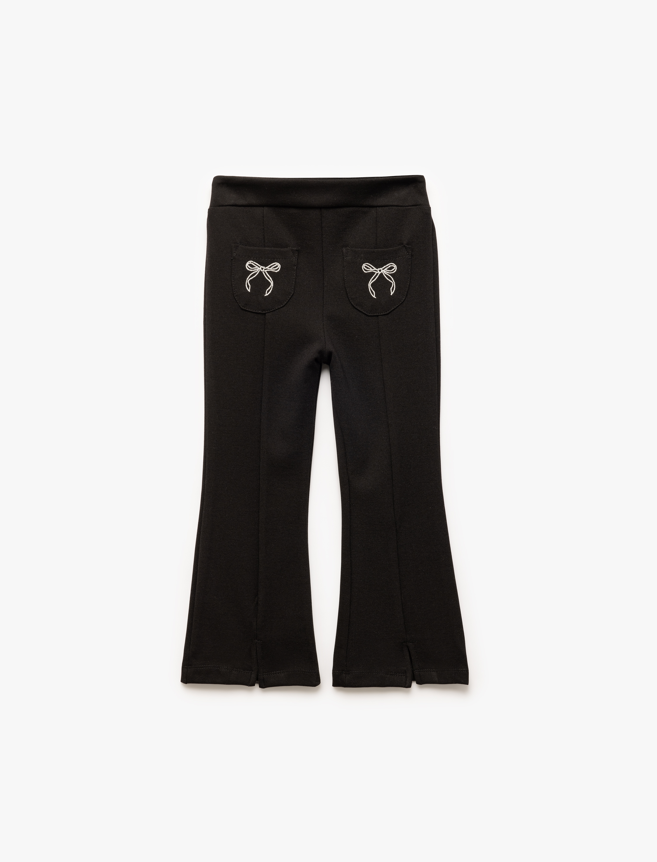  Kız Bebek Viskon Karışımlı Cepli Yırtmaç Detaylı Fiyonk Baskılı İspanyol Paça Tayt