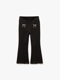 Viskon Karışımlı Cepli Yırtmaç Detaylı Fiyonk Baskılı İspanyol Paça Tayt