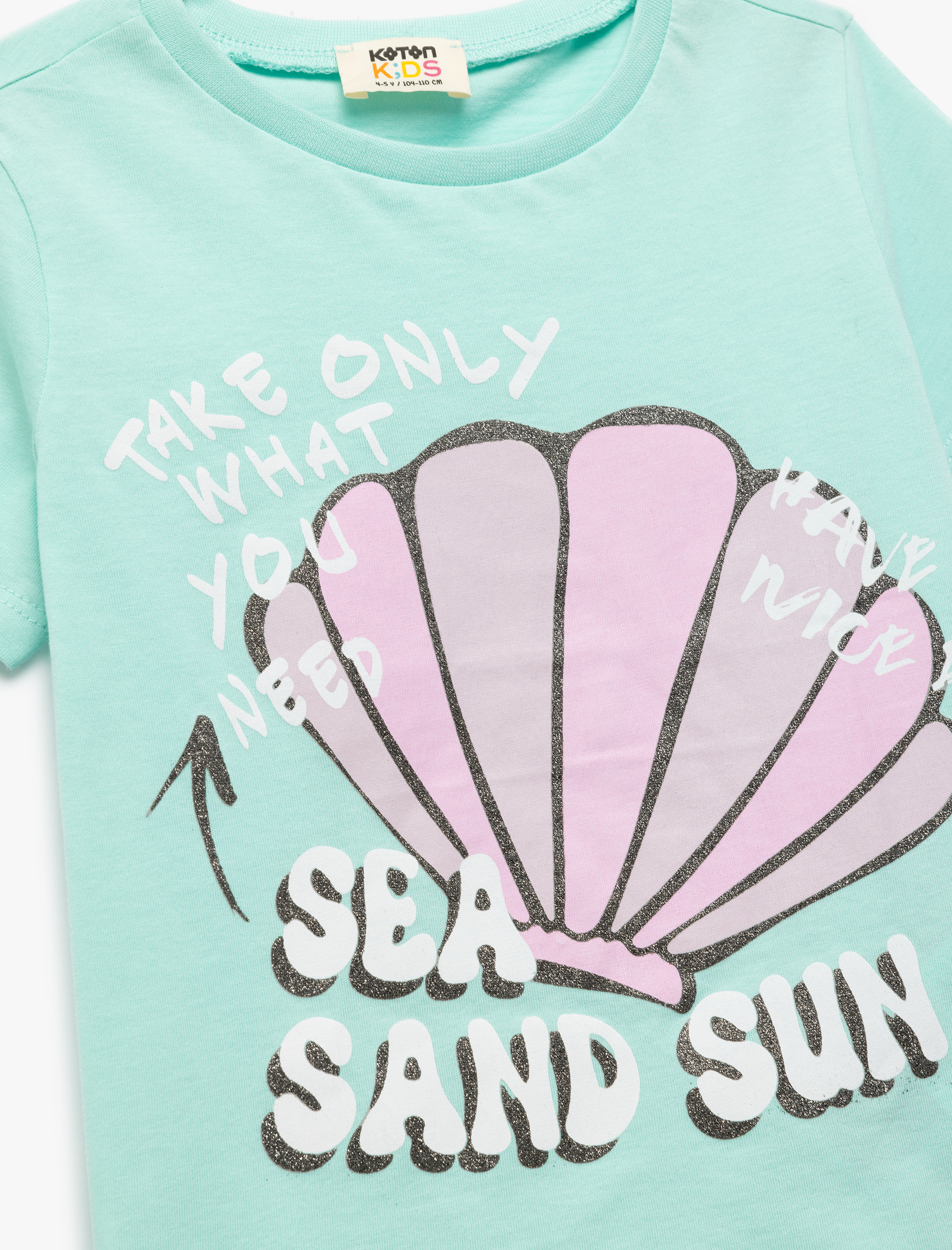  Kız Çocuk Pamuklu Kısa Kollu Bisiklet Yaka Deniz Kabuğu Baskılı Tişört