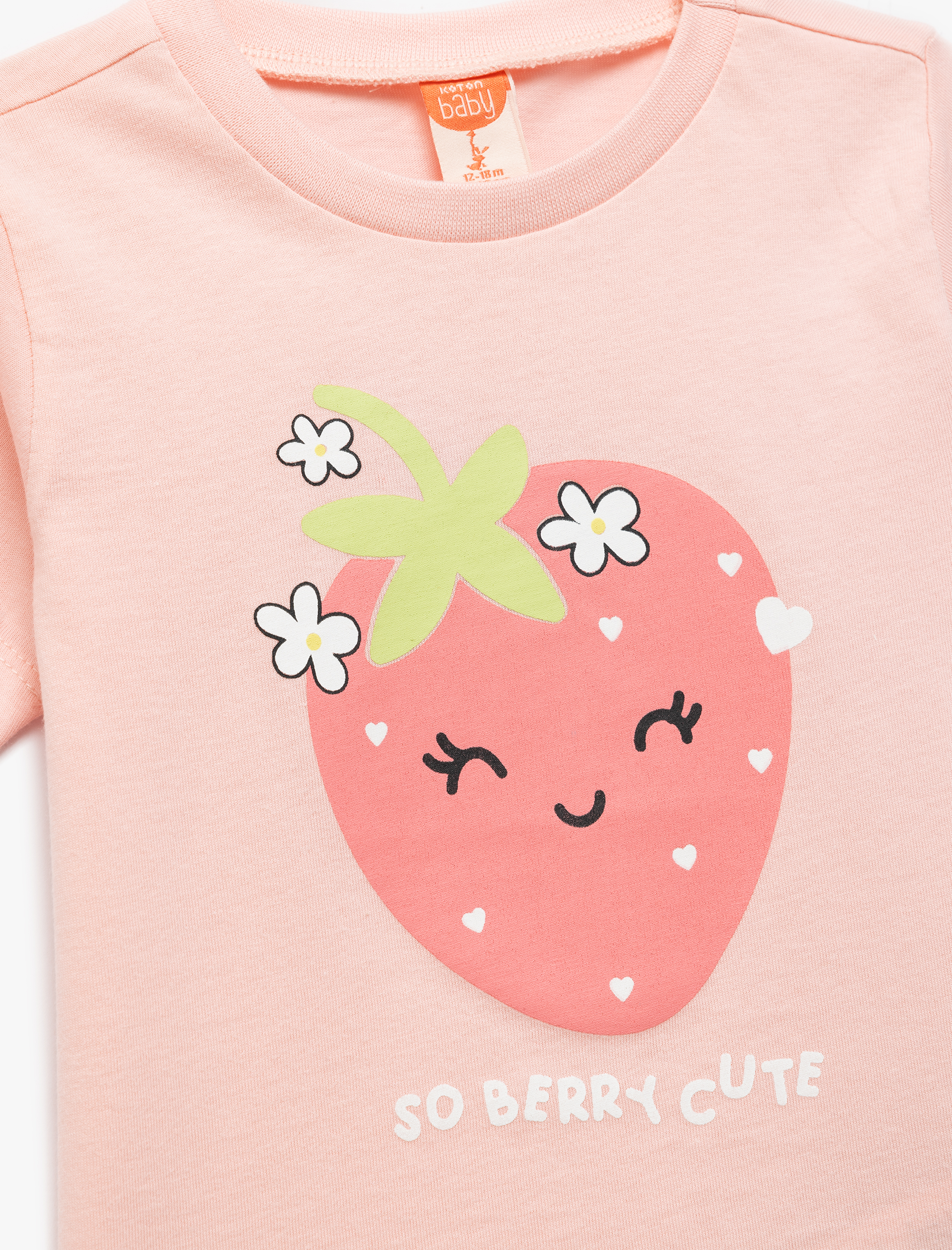  Kız Bebek Pamuklu Kısa Kollu Skinny Fit Bisiklet Yaka Çilek Baskılı Tişört