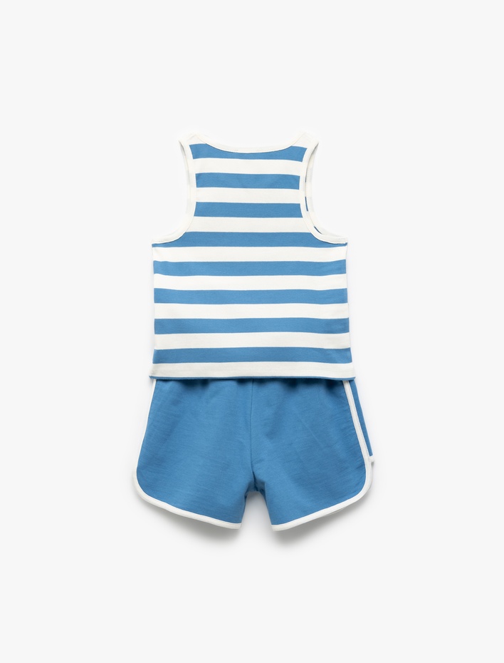 Kız Çocuk Pamuklu Çizgili Bisiklet Yaka Baskı Detaylı Kolsuz Atlet Şort Takımı