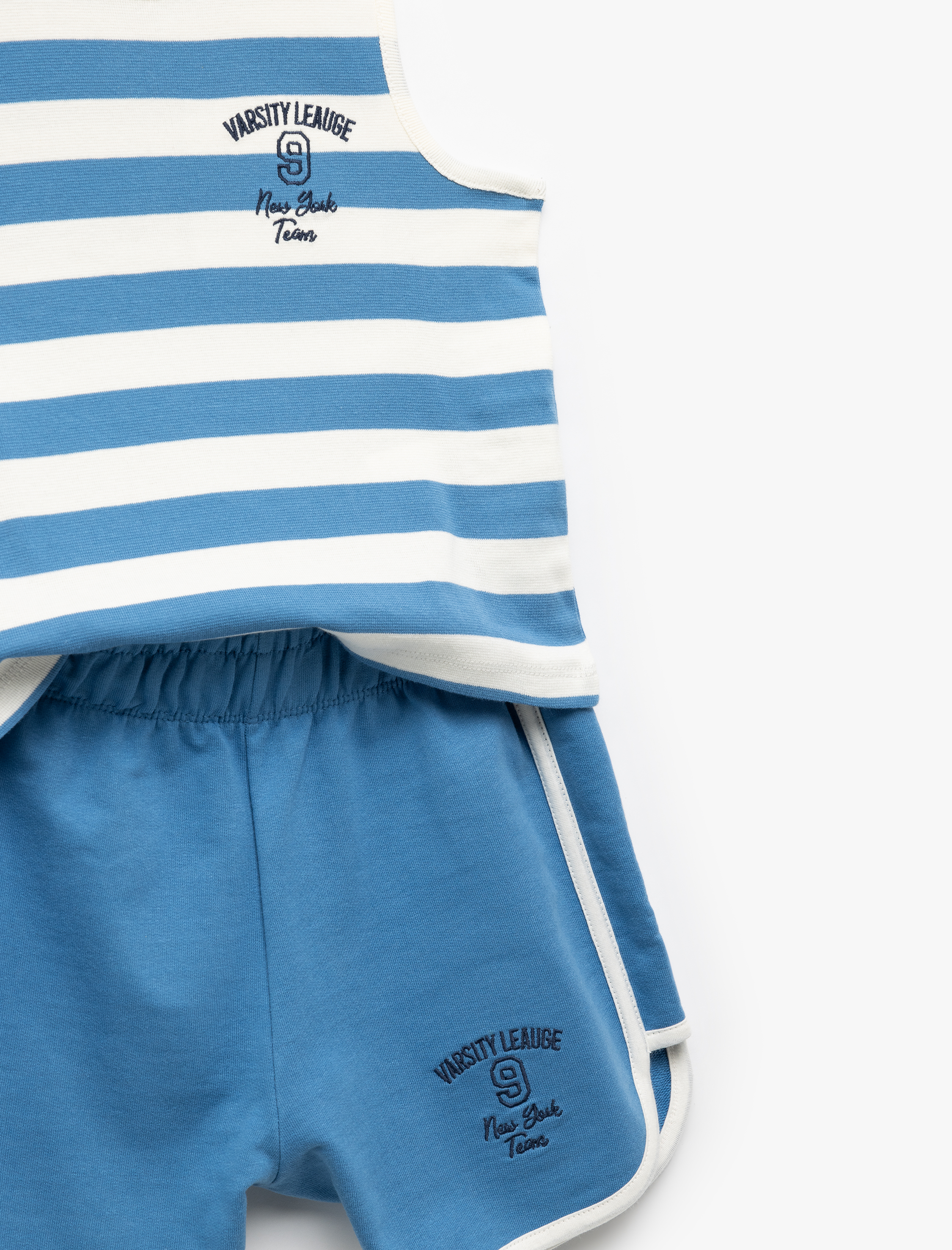  Kız Çocuk Pamuklu Çizgili Bisiklet Yaka Baskı Detaylı Kolsuz Atlet Şort Takımı