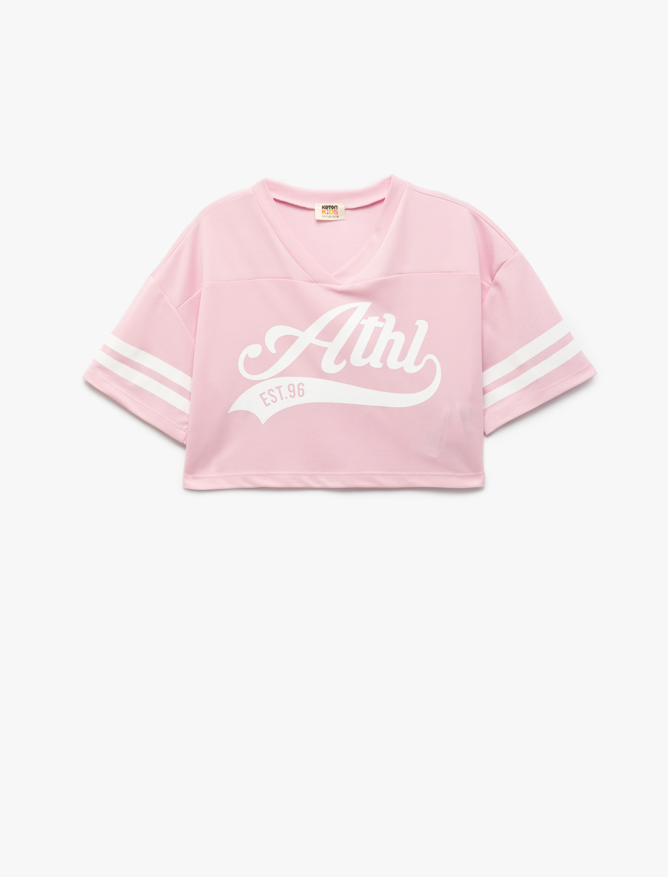Koton V Yaka Kısa Kollu Crop Oversize Kolej Baskılı Tişört -1