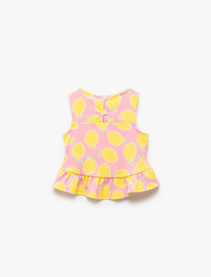 Kız Bebek Bisiklet Yaka Bürümcük Kolsuz Fırfırlı Limon Desenli Atlet
