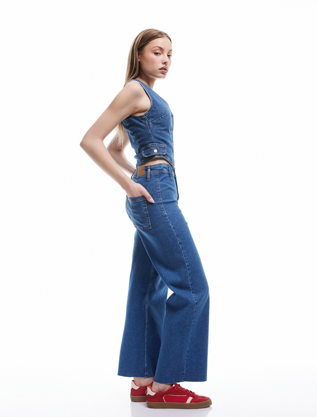 Geniş Kesik Paça Düğmeli Normal Bel Kot Pantolon - Culotte Jean_0