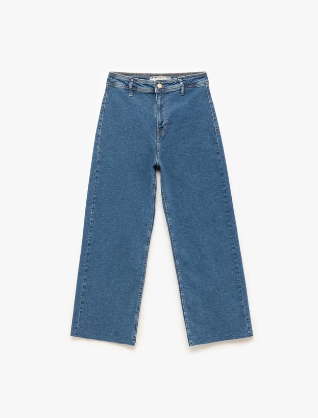 Geniş Kesik Paça Düğmeli Normal Bel Kot Pantolon - Culotte Jean_3