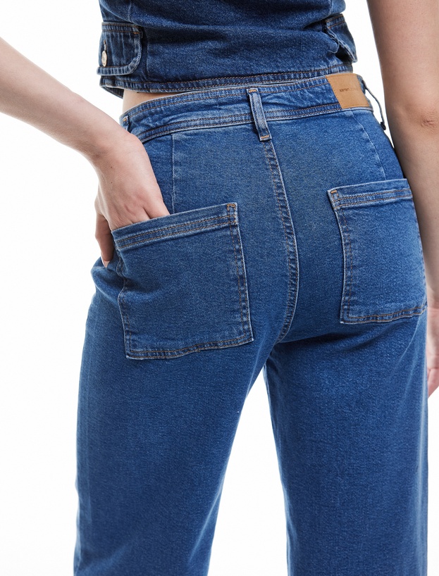 Geniş Kesik Paça Düğmeli Normal Bel Kot Pantolon - Culotte Jean_2