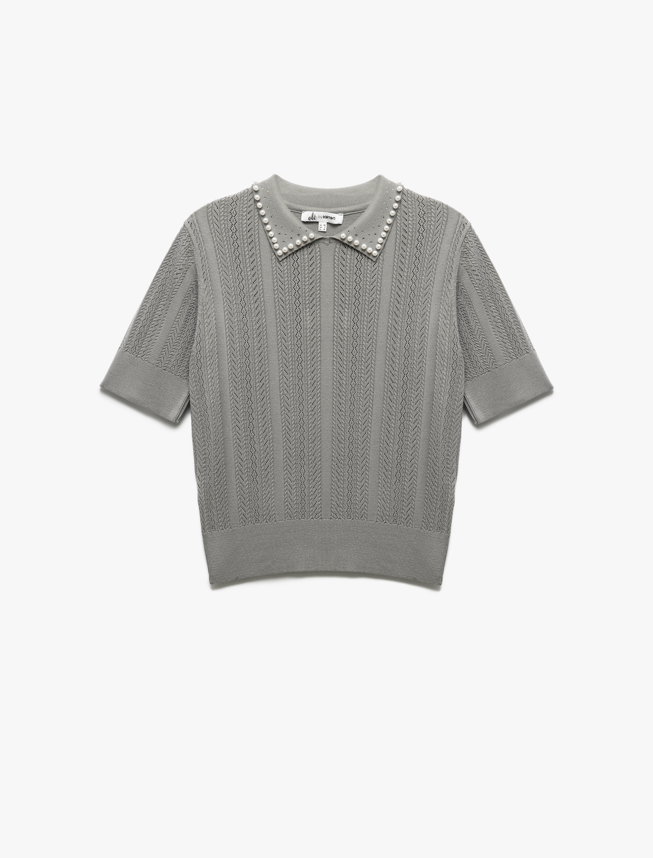   İnci Detaylı Polo Yaka Kısa Kollu Viskon Triko Kazak