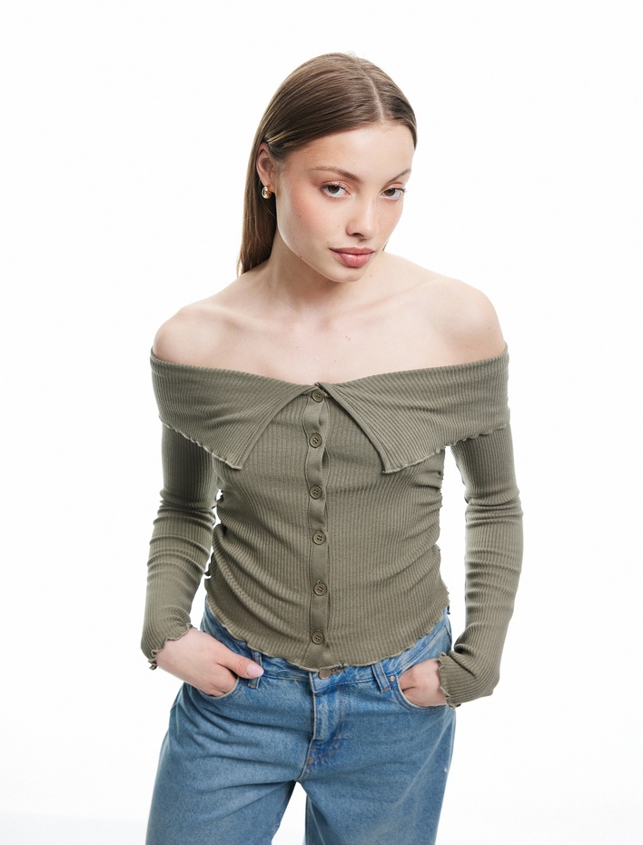  Viskon Omzu Açık Kaşkorse Düğmeli Viskon Uzun Kollu Tişört