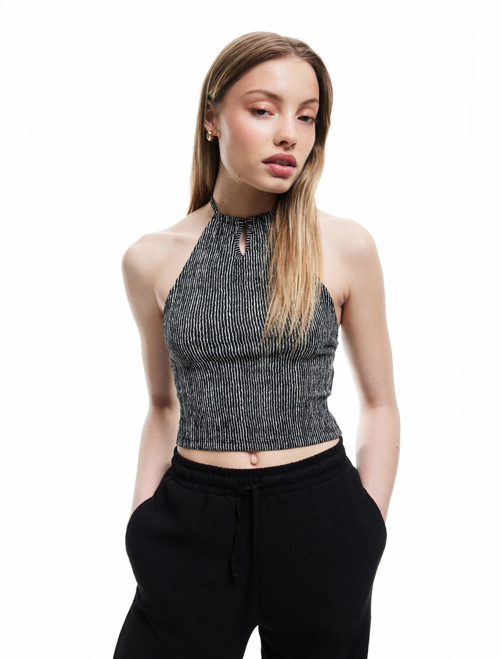  Çizgili Bürümcük Bağlamalı Yaka Pencere Detaylı Kolsuz Crop Üst