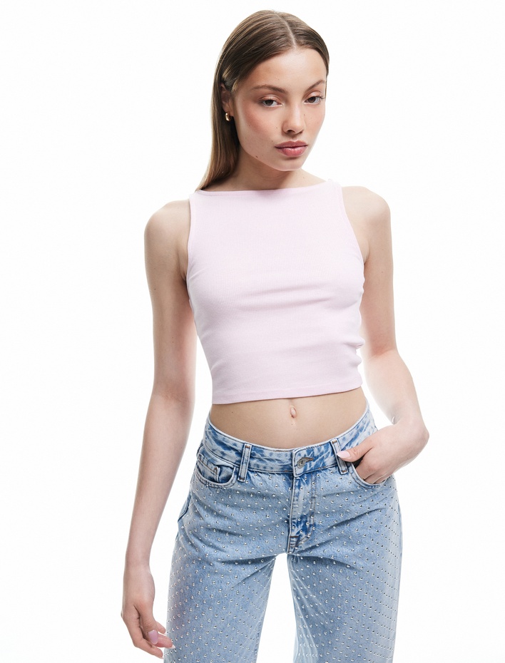  Kayık Yaka Kolsuz Kaşkorse Crop Üst