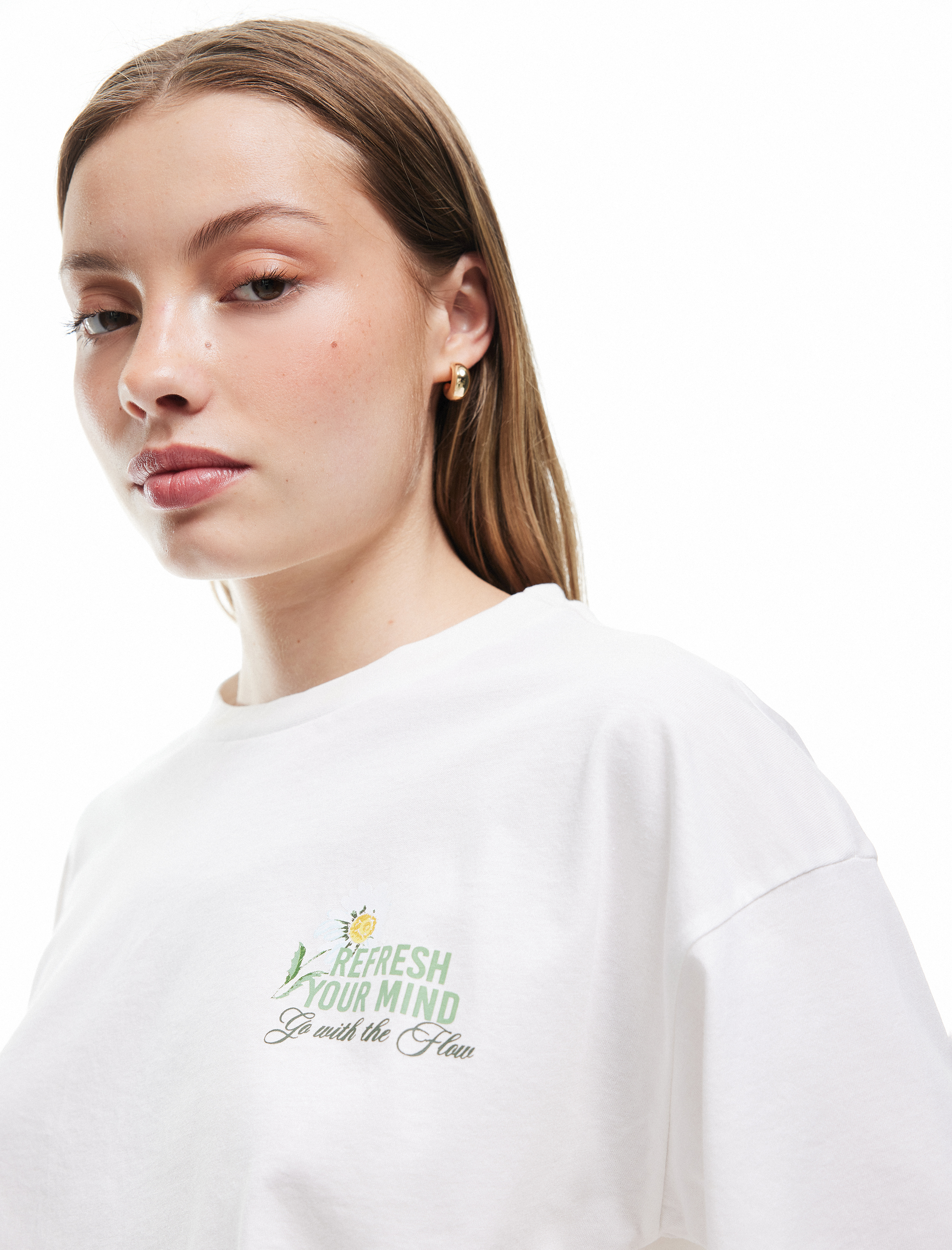   Pamuklu Bisiklet Yaka Kısa Kollu Arkası Baskılı Oversize Tişört