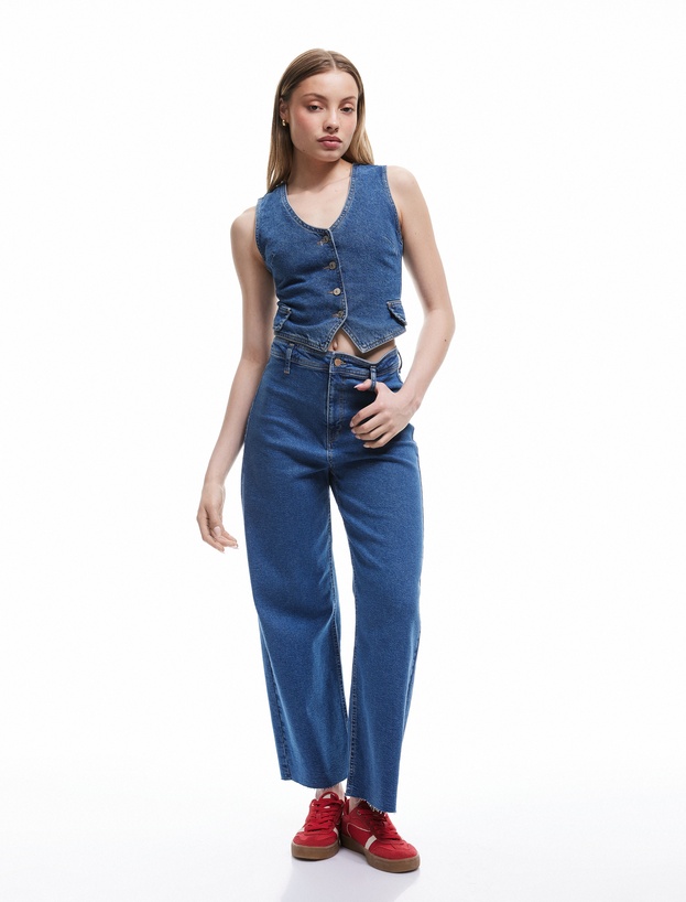 Geniş Kesik Paça Düğmeli Normal Bel Kot Pantolon - Culotte Jean_1