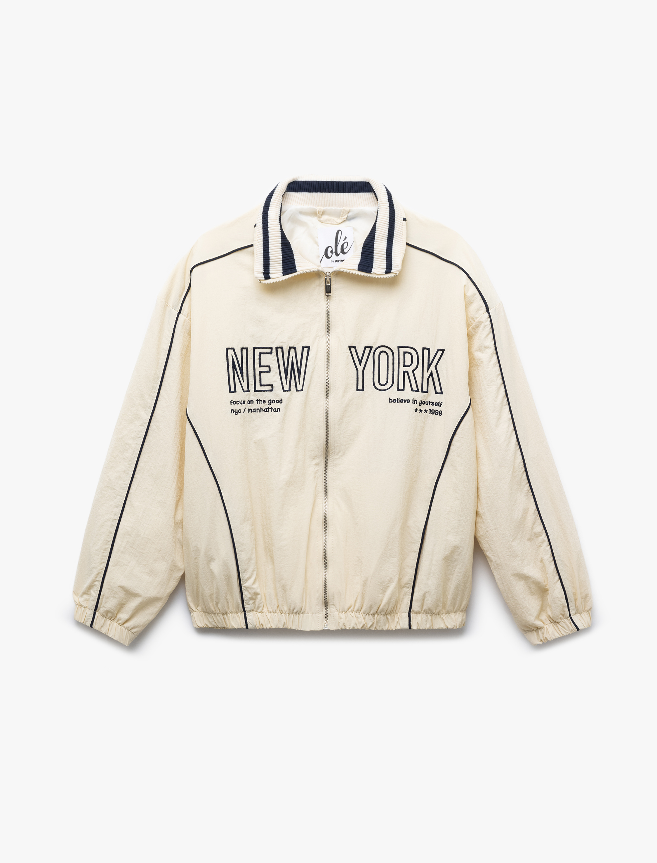 Gömlek Yaka Fermuarlı Kolej Temalı Baskılı Oversize Bomber Ceket