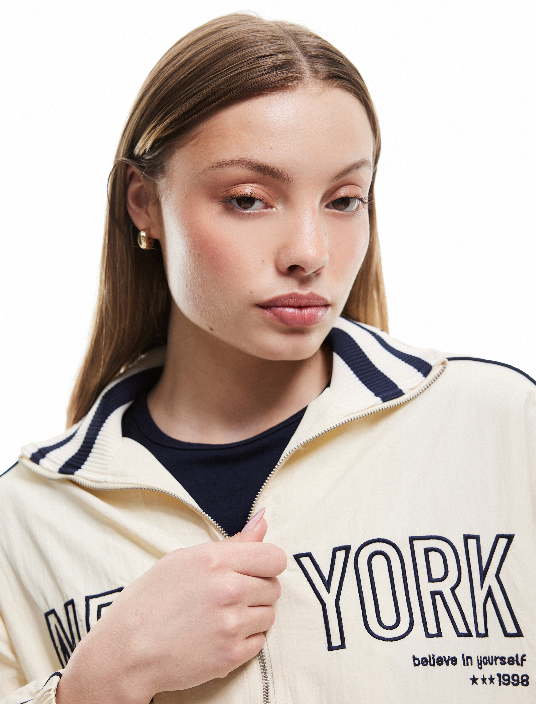 Gömlek Yaka Fermuarlı Kolej Temalı Baskılı Oversize Bomber Ceket