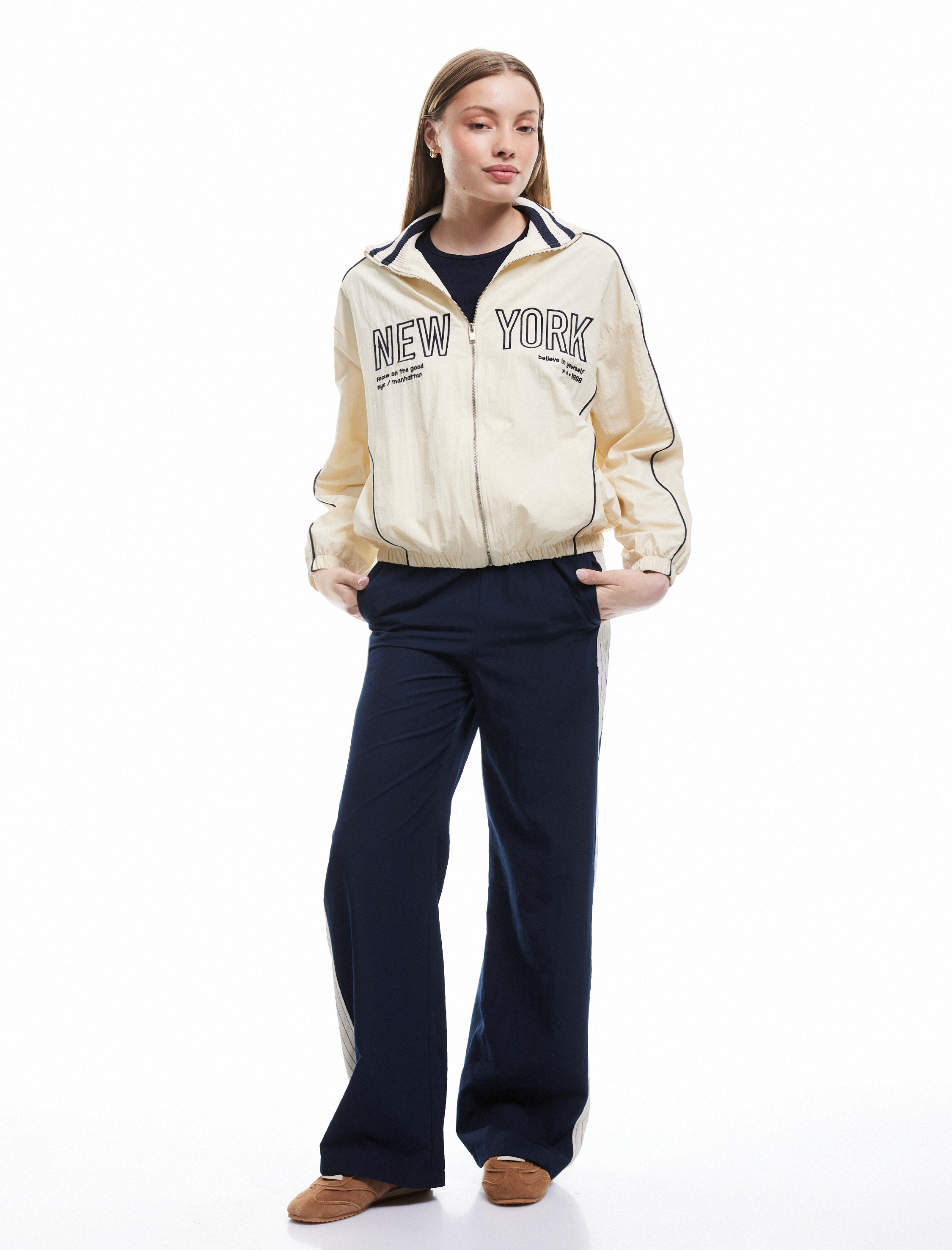 Gömlek Yaka Fermuarlı Kolej Temalı Baskılı Oversize Bomber Ceket