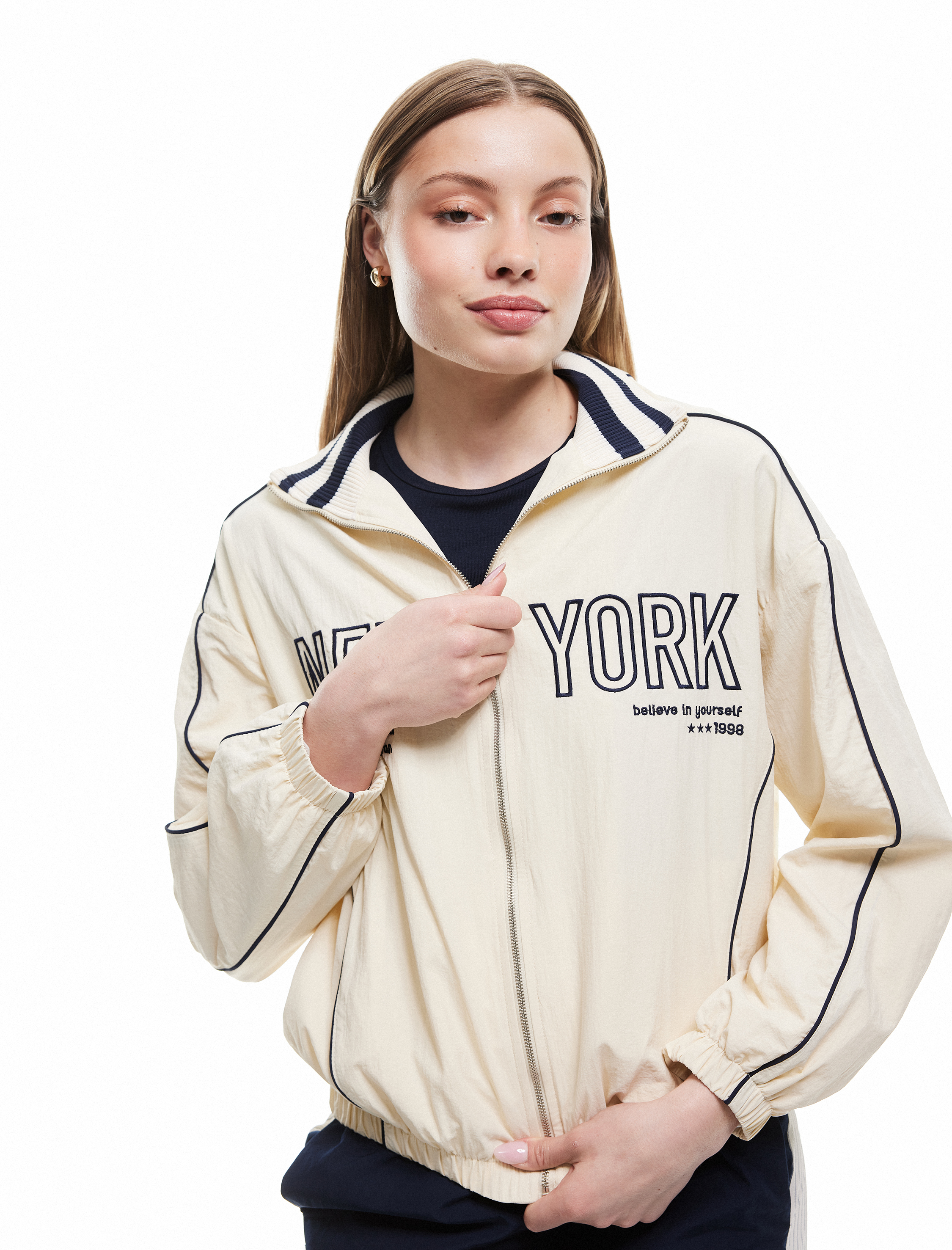 Gömlek Yaka Fermuarlı Kolej Temalı Baskılı Oversize Bomber Ceket