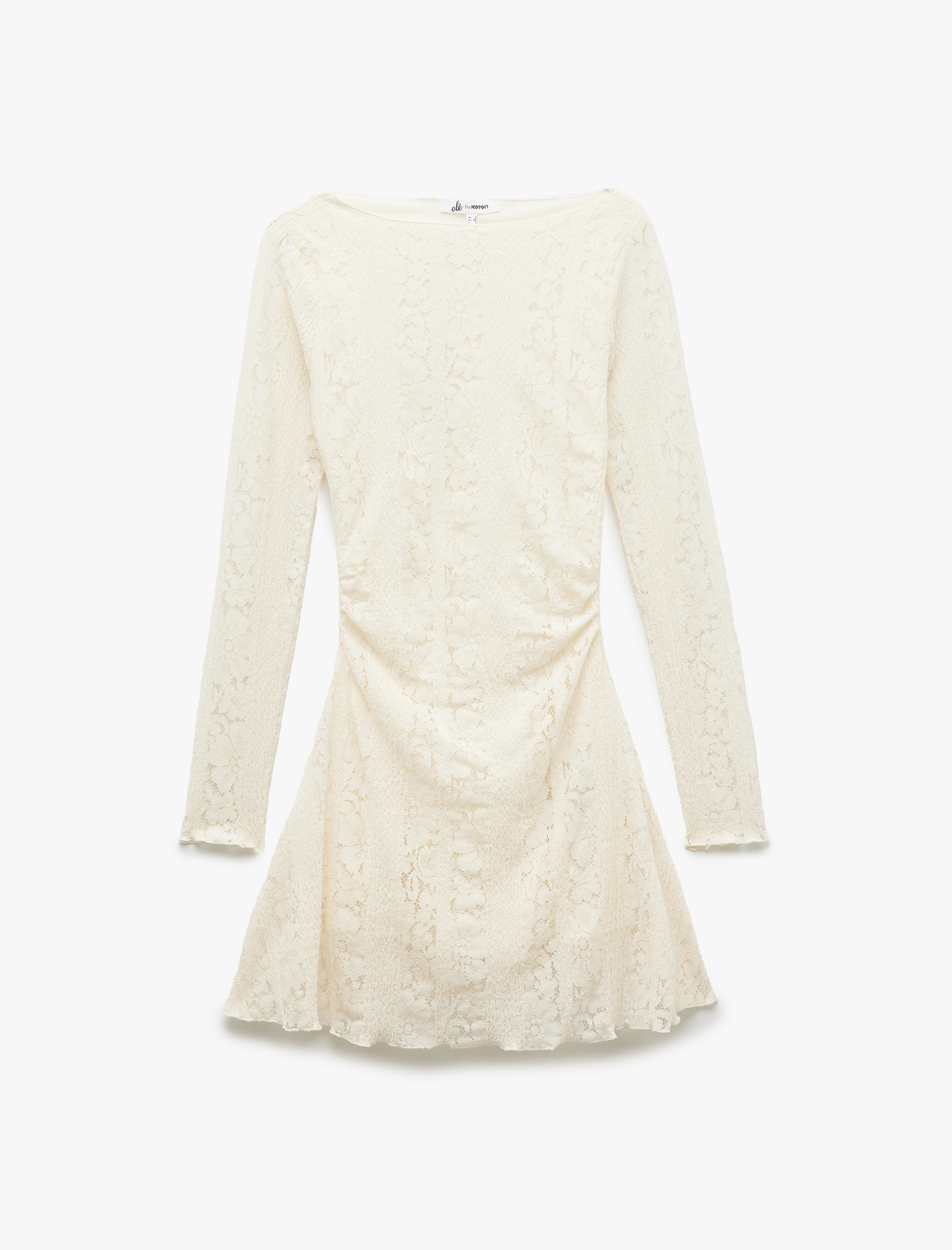   Volanlı Kayık Yaka Uzun Kollu Rahat Kalıp Kloş Dantelli Mini Elbise