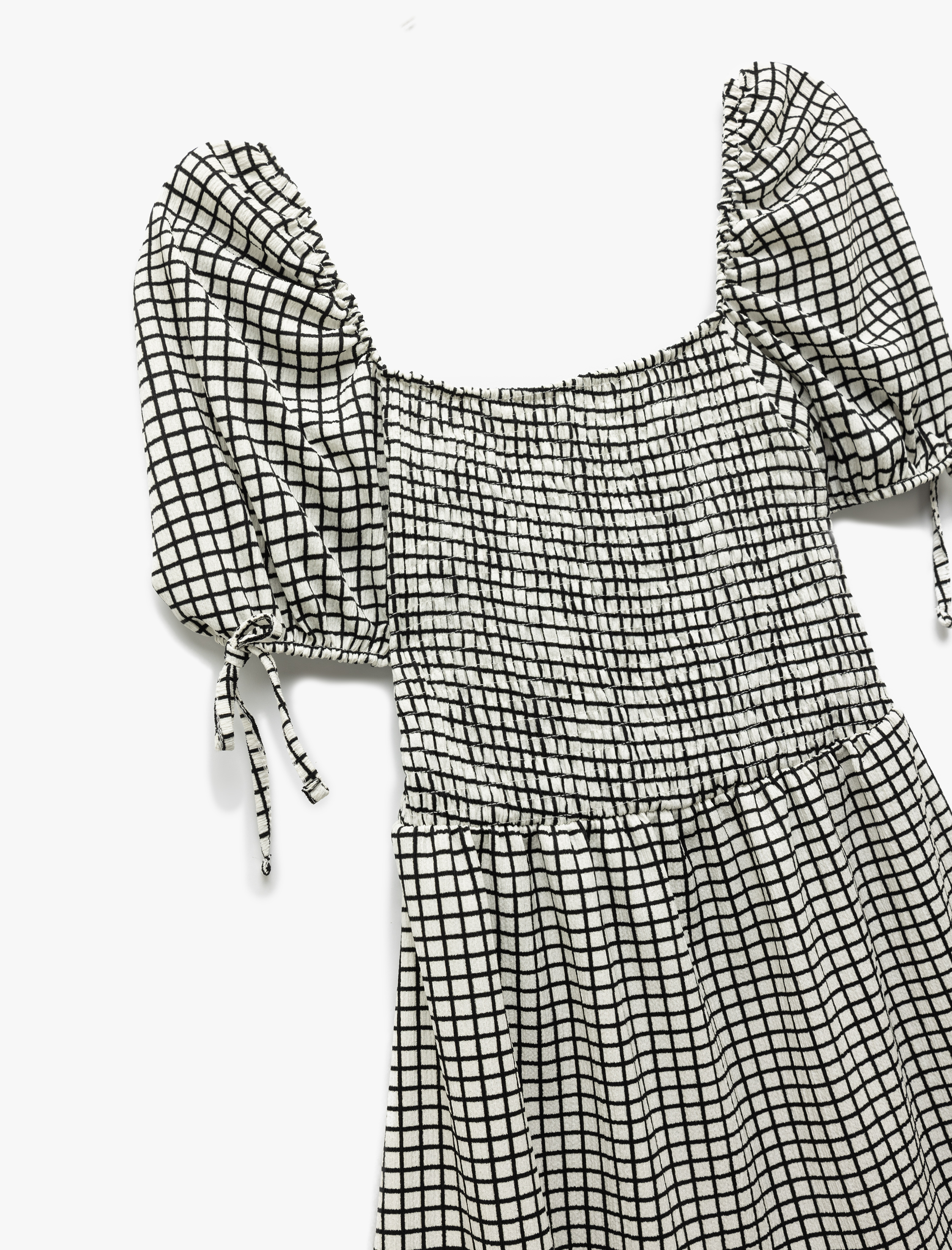   Kare Yaka Katlı Balon Kollu Pötikareli Mini Elbise Bürümcük