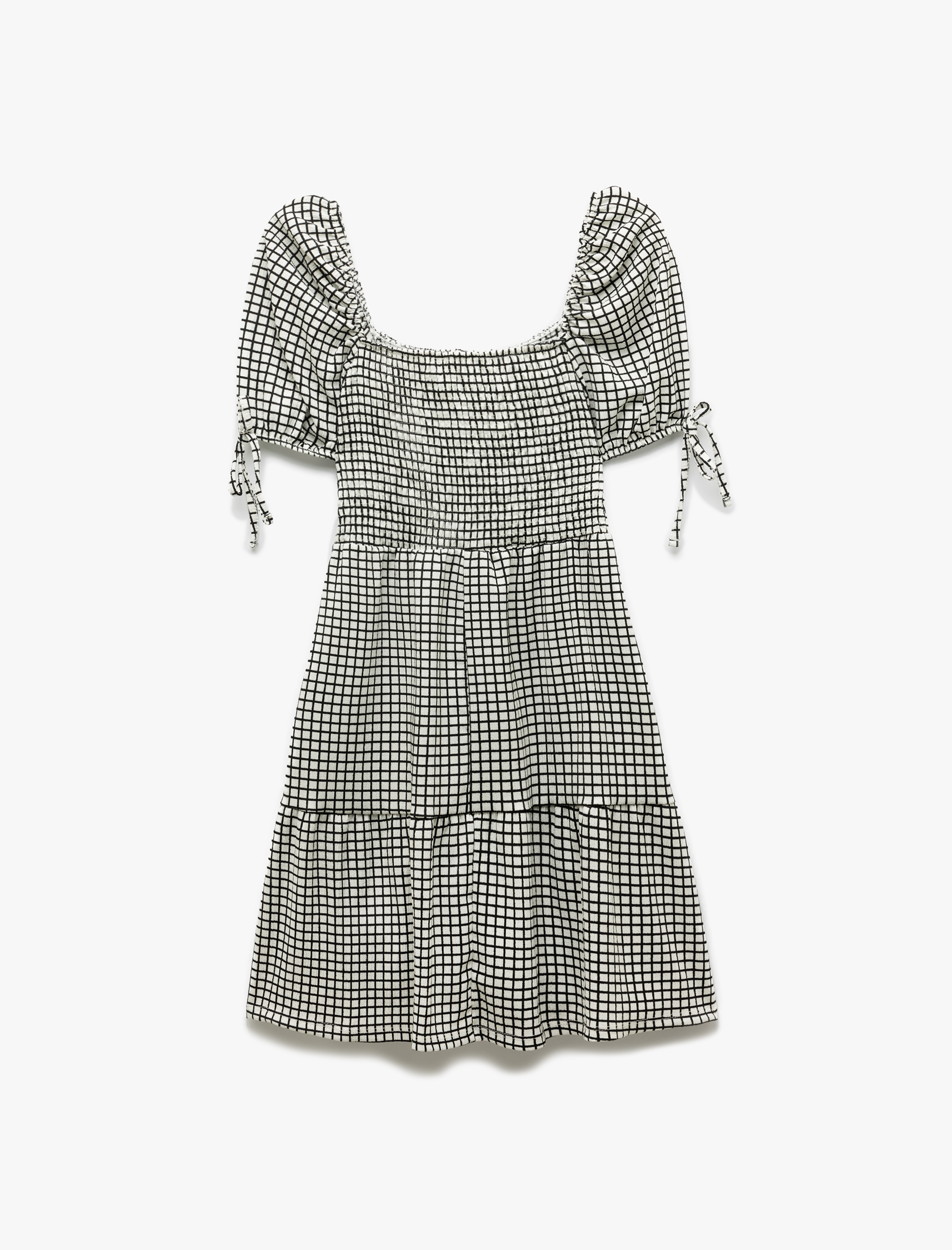   Kare Yaka Katlı Balon Kollu Pötikareli Mini Elbise Bürümcük