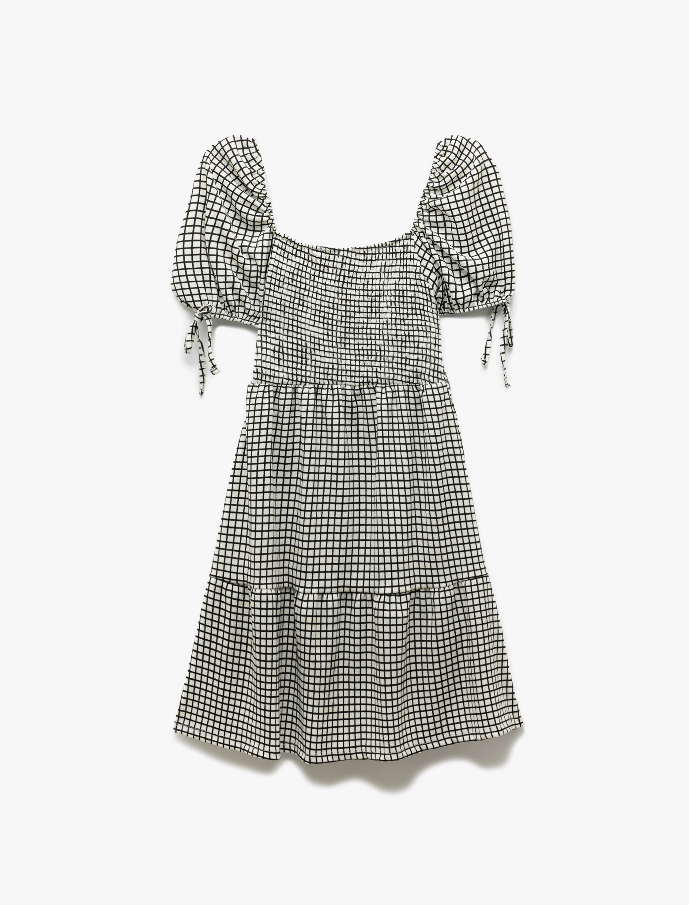   Kare Yaka Katlı Balon Kollu Pötikareli Mini Elbise Bürümcük