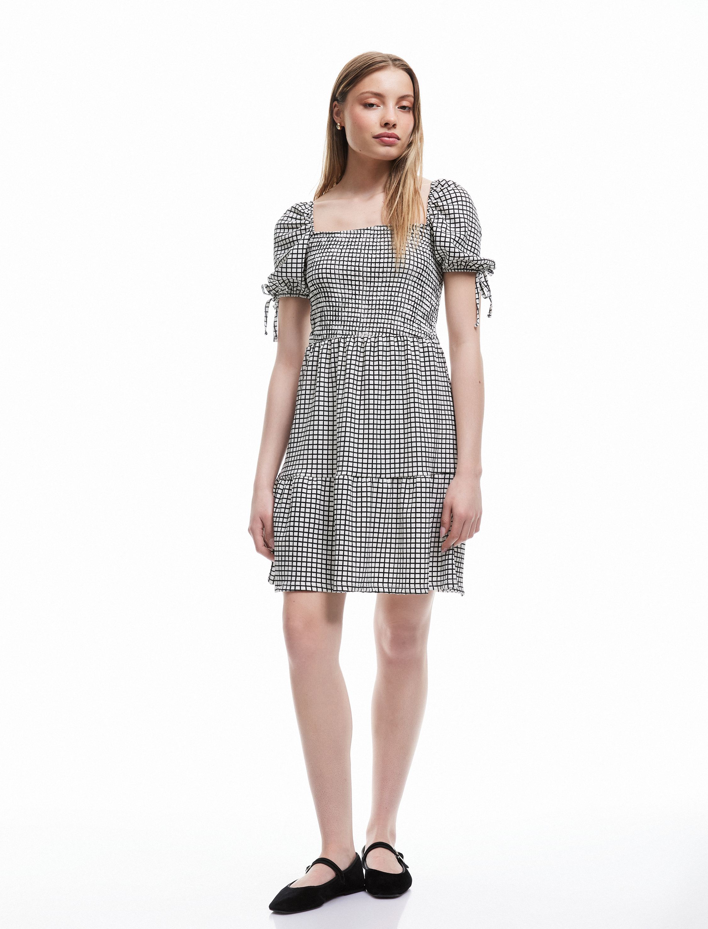   Kare Yaka Katlı Balon Kollu Pötikareli Mini Elbise Bürümcük