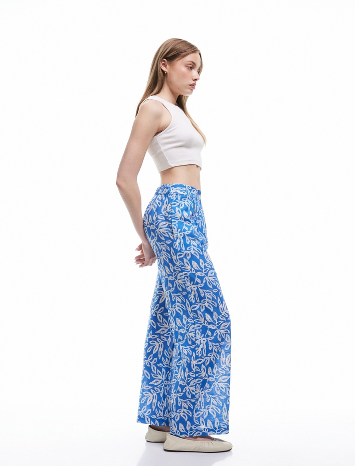  Düz Paça Düğmeli Çiçekli Uzun Pantolon