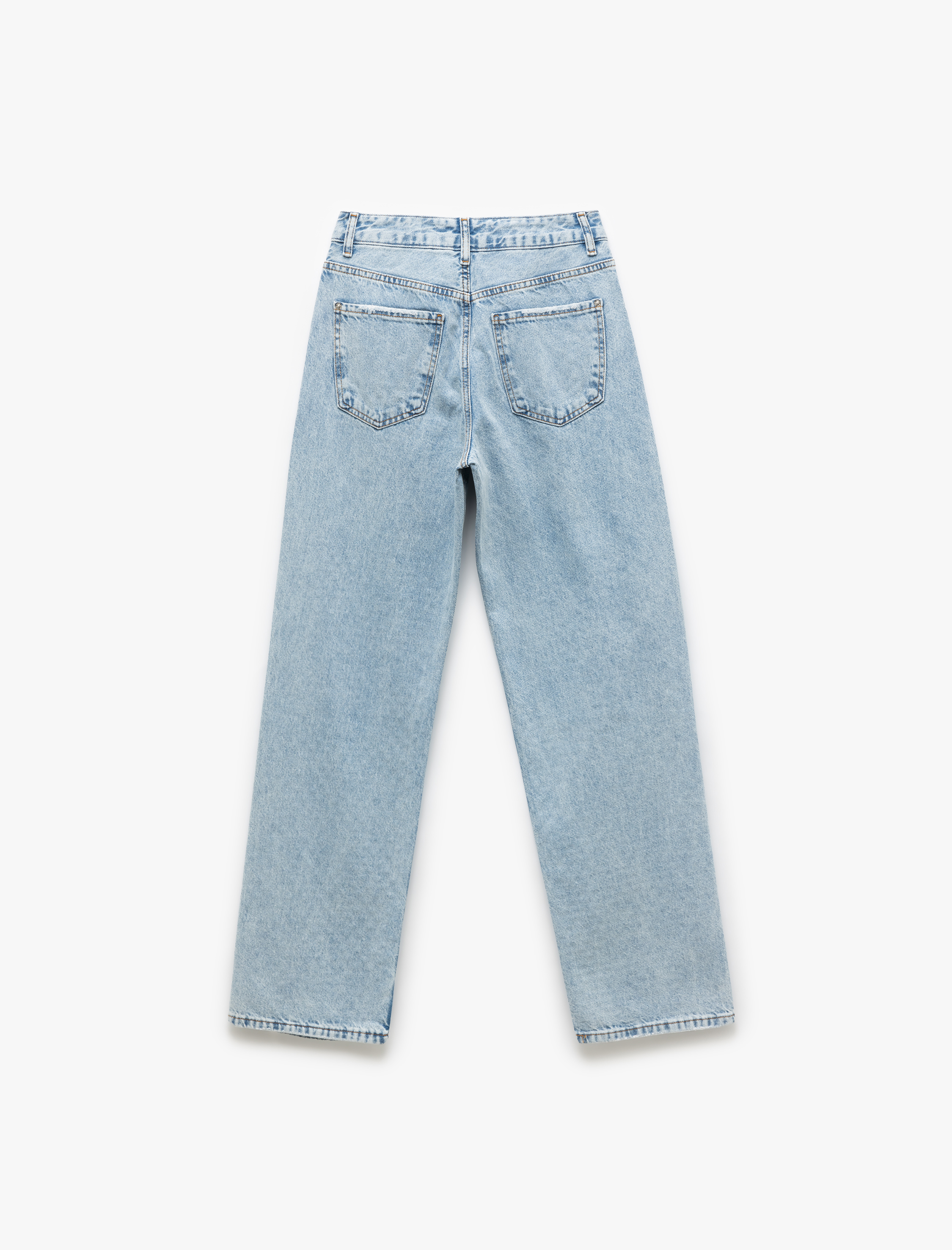   Pamuklu Yıpratma Detaylı Taşlı Straight Fit Jean Pantolon -  Longer Straight Fit Jean