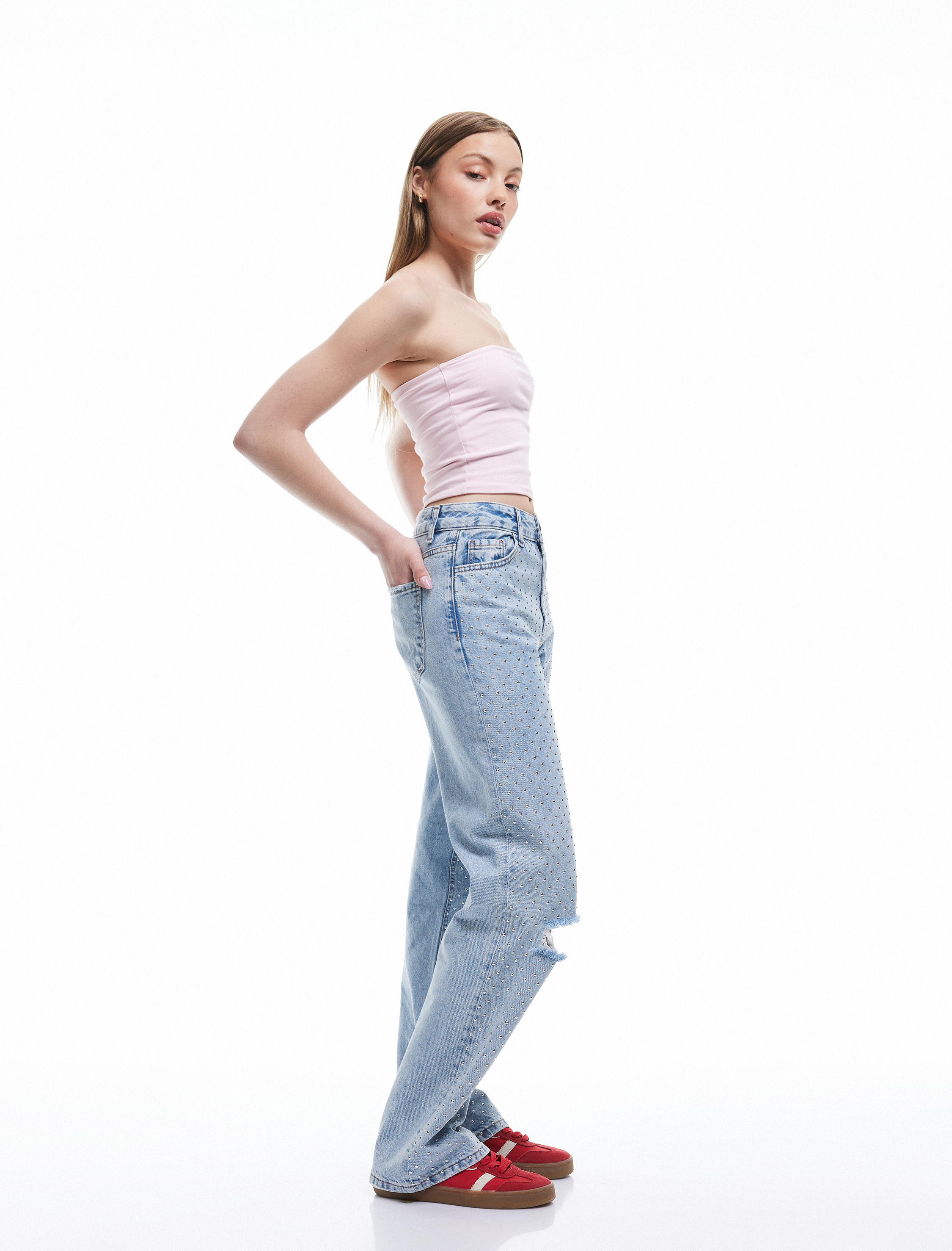 Koton Kadın Pamuklu Yıpratma Detaylı Taşlı Straight Fit Jean Pantolon -  Longer Straight Fit Jean -1