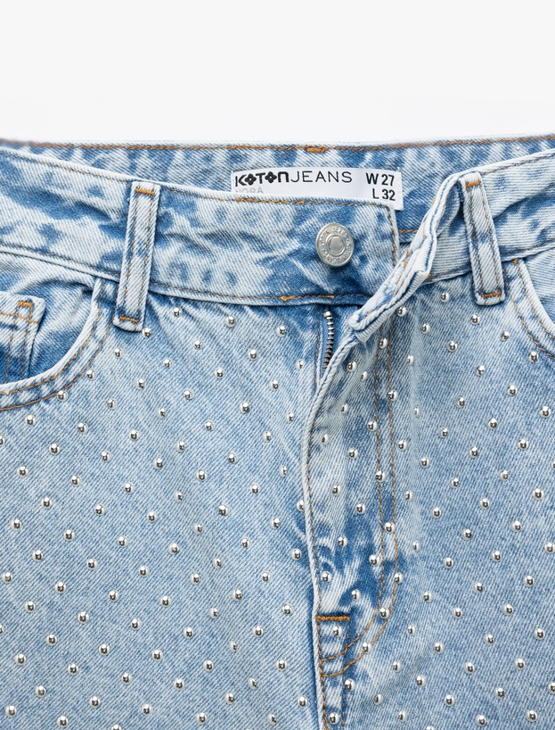 Pamuklu Yıpratma Detaylı Taşlı Straight Fit Jean Pantolon -  Longer Straight Fit Jean_5