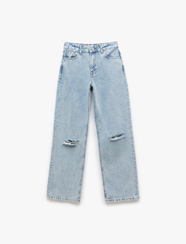 Pamuklu Yıpratma Detaylı Taşlı Straight Fit Jean Pantolon -  Longer Straight Fit Jean_2