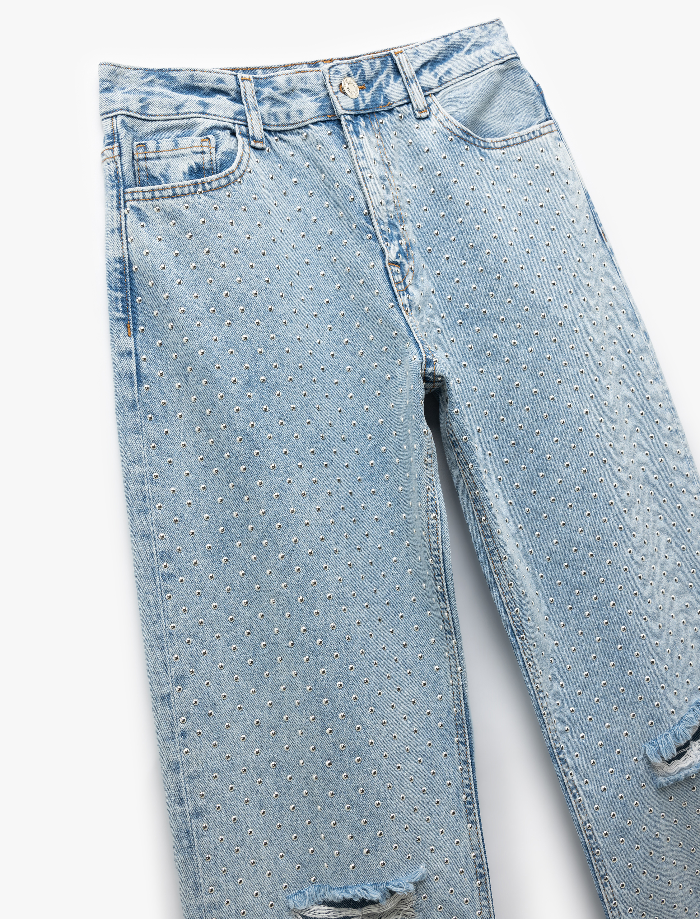   Pamuklu Yıpratma Detaylı Taşlı Straight Fit Jean Pantolon -  Longer Straight Fit Jean