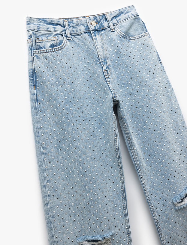 Pamuklu Yıpratma Detaylı Taşlı Straight Fit Jean Pantolon -  Longer Straight Fit Jean_4
