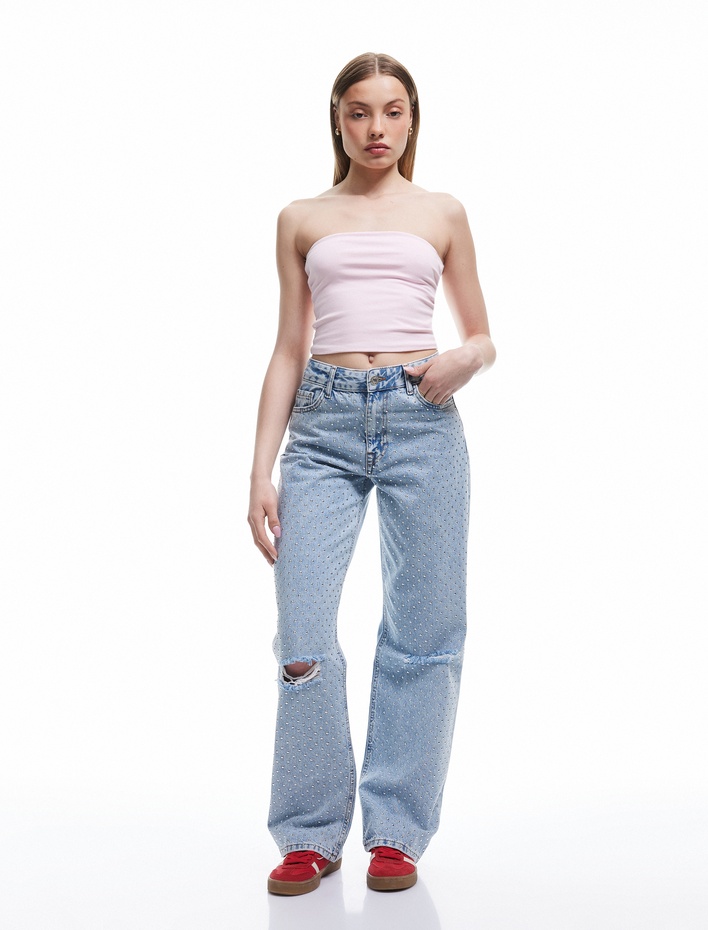  Pamuklu Yıpratma Detaylı Taşlı Straight Fit Jean Pantolon -  Longer Straight Fit Jean