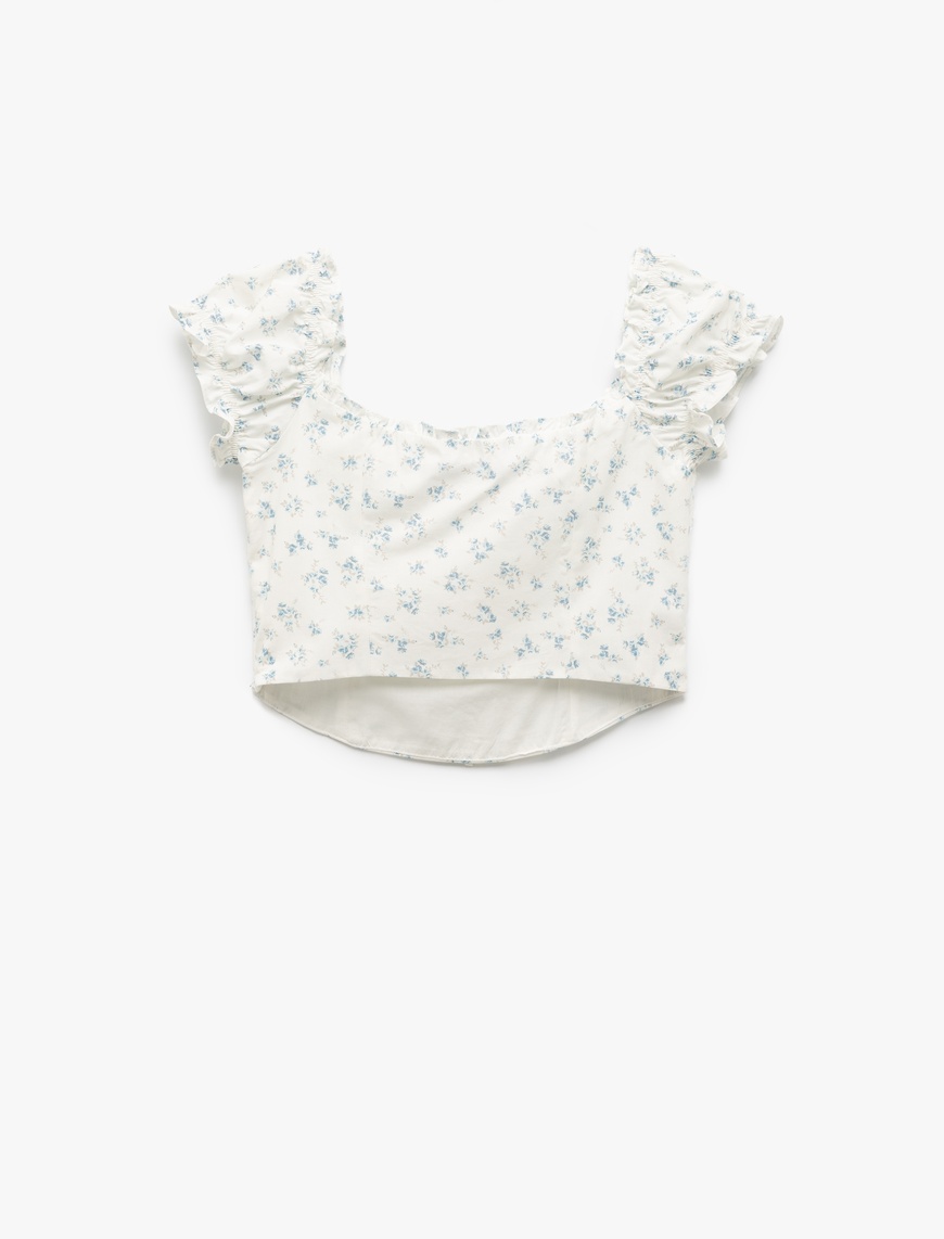  Kayık Yaka Bağcık Detaylı Fermuarlı Çiçekli Dar Kesim Poplin Crop Bluz