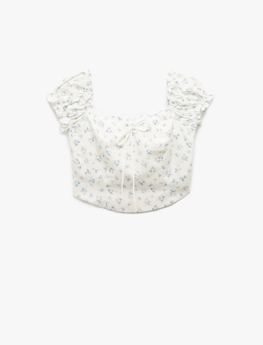   Kayık Yaka Bağcık Detaylı Fermuarlı Çiçekli Dar Kesim Poplin Crop Bluz