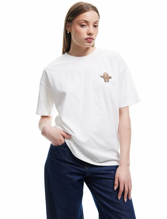  Minimal Nakışlı Kısa Kollu Pamuklu Bisiklet Yaka Oversize Tişört